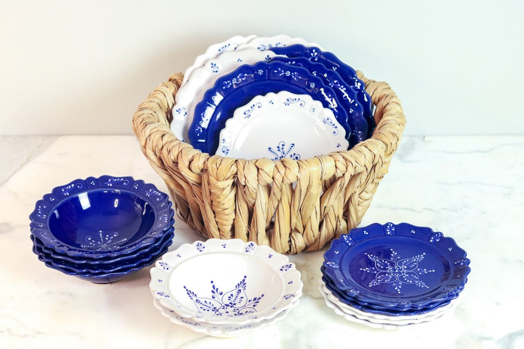 Scalloped Soup Bowl, Blue with White Decoration, Set of 4