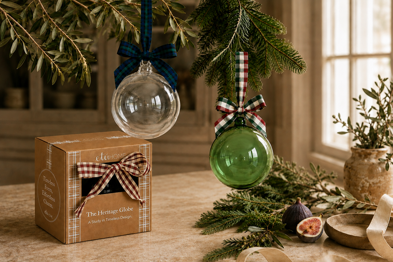 5" Glass Globe Ornament, Clear Plaid