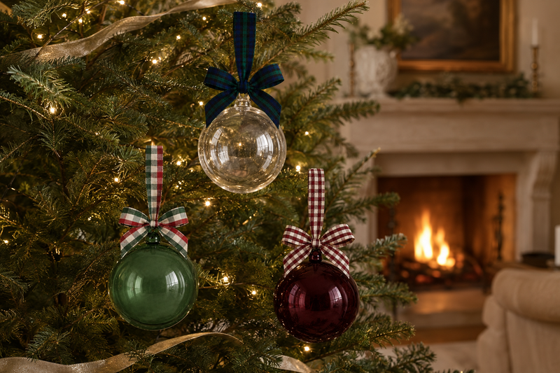 5" Glass Globe Ornament, Spruce Plaid