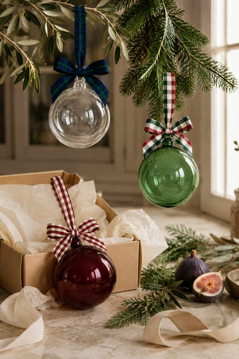5" Glass Globe Ornament, Merlot Plaid