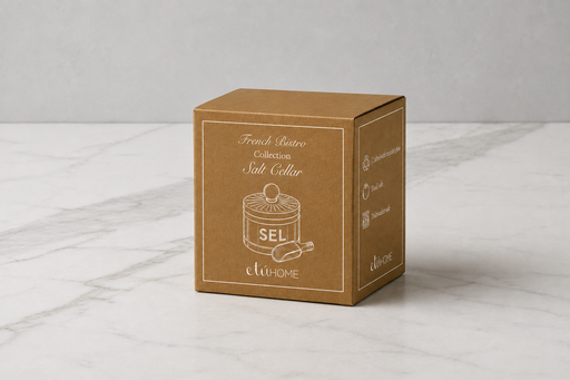 A square kraft paper box with white printed text and illustrations, labeled 'French Metro Collection Salt Cellar' and 'eli HOME', standing on a light marble surface against a gray wall.