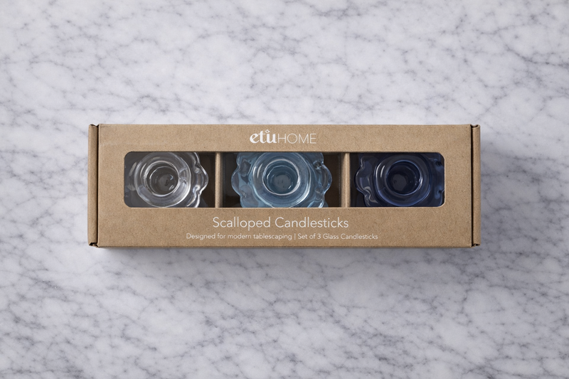 Glass Scalloped Candlesticks, Blue, Set of 3