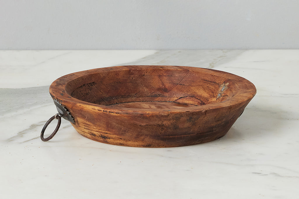 Vintage Wood Bowl Iron Handle Small