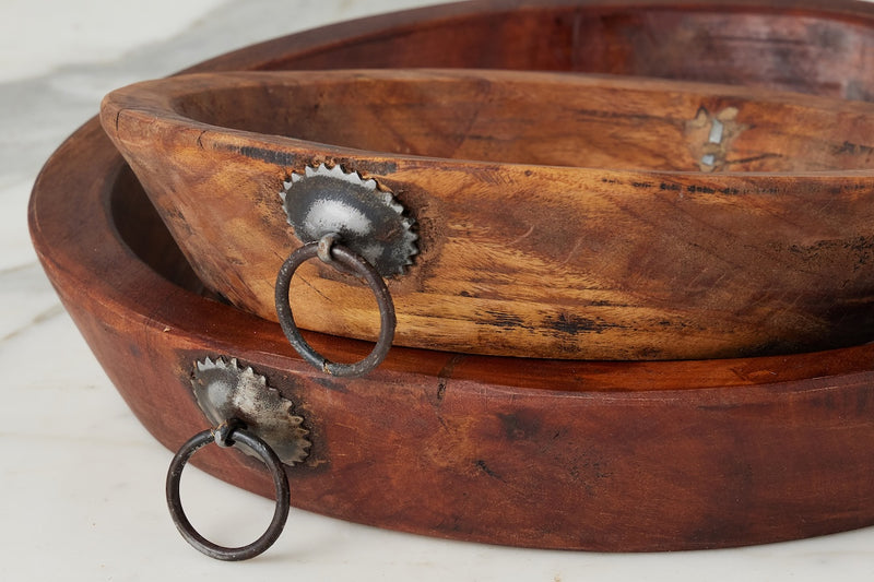 Vintage Wood Bowl with Iron Handle, Small