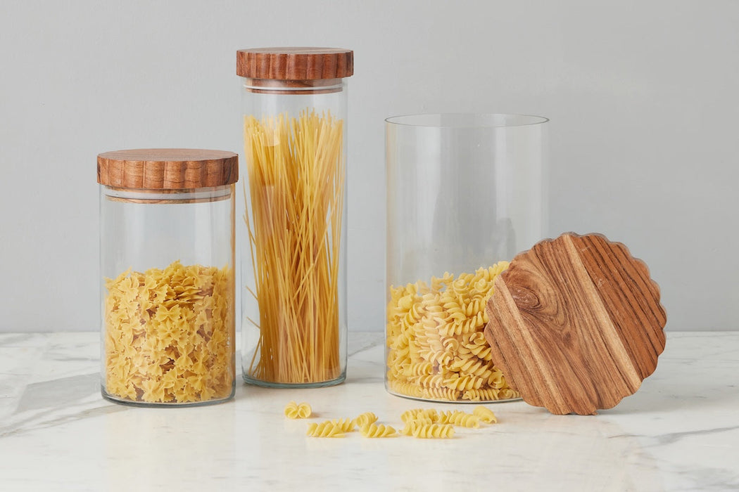 Glass Canister, Scalloped Wood Top, Set of 3