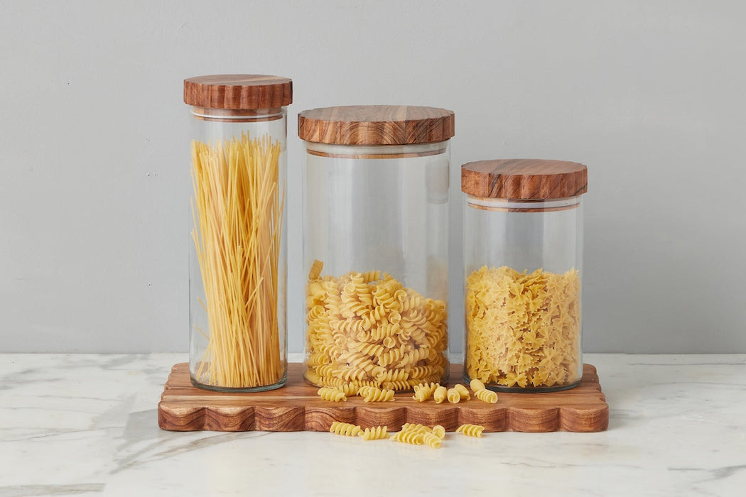 Glass Canister, Scalloped Wood Top, Set of 3