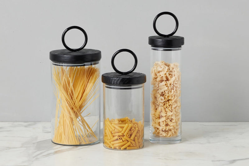 Glass Canister, Black Ring Handle, Set of 3