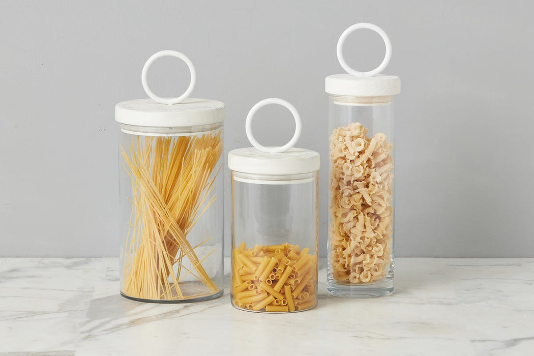 Glass Canister, White Ring Handle, Set of 3