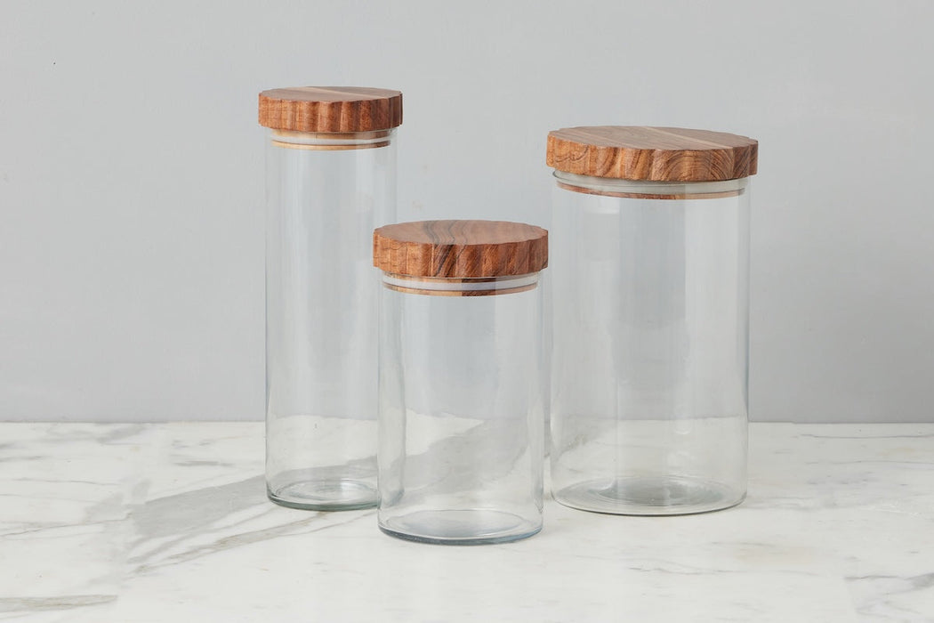 Glass Canister, Scalloped Wood Top, Set of 3
