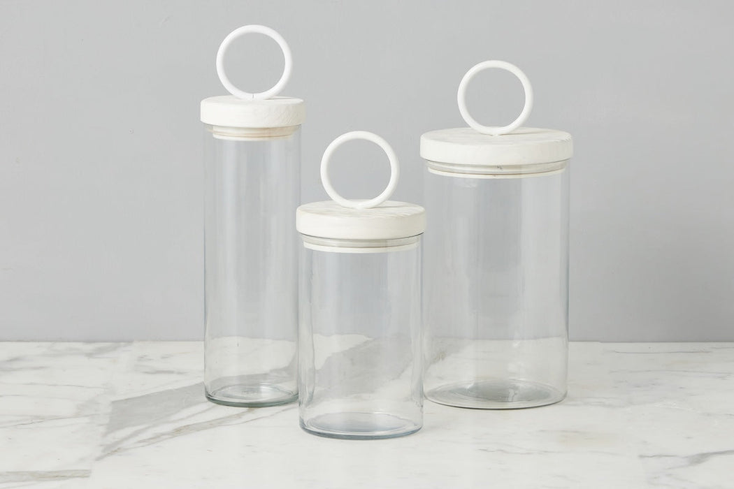 Glass Canister, White Ring Handle, Set of 3