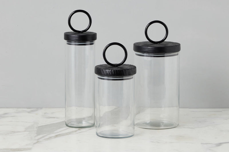 Glass Canister, Black Ring Handle, Set of 3