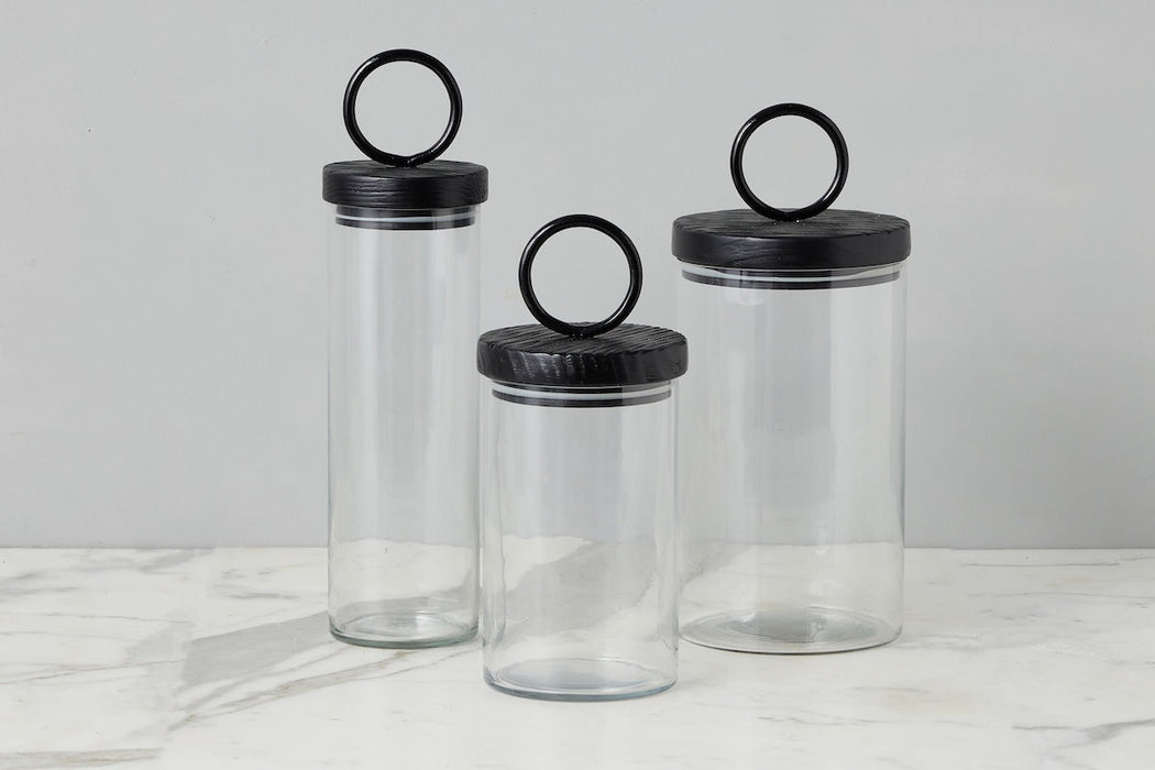 Glass Canister, Black Ring Handle, Set of 3