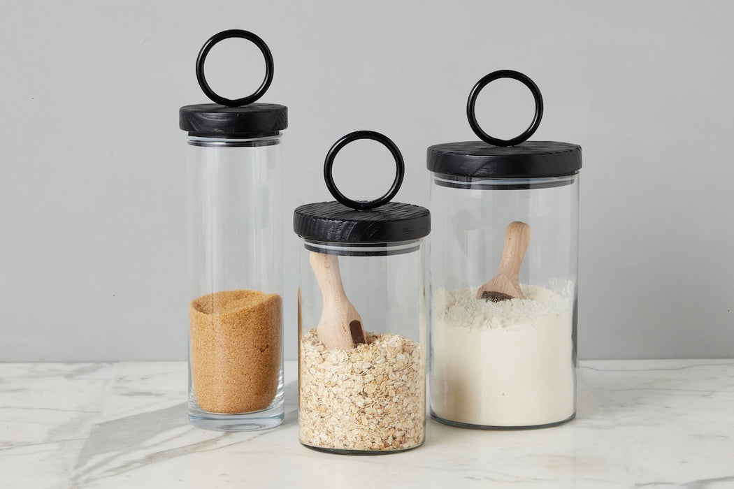 Glass Canister, Black Ring Handle, Set of 3