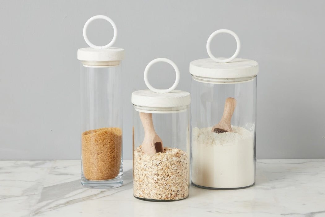 Glass Canister, White Ring Handle, Set of 3