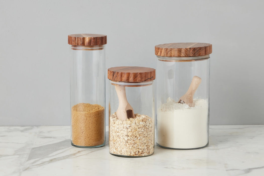 Glass Canister, Scalloped Wood Top, Set of 3
