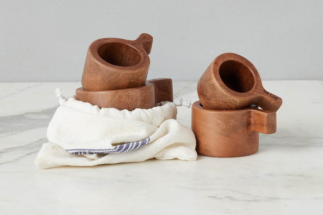 French Bistro Wood Measuring Cups in Vintage Navy Blue Stripe Bag, Set of 4