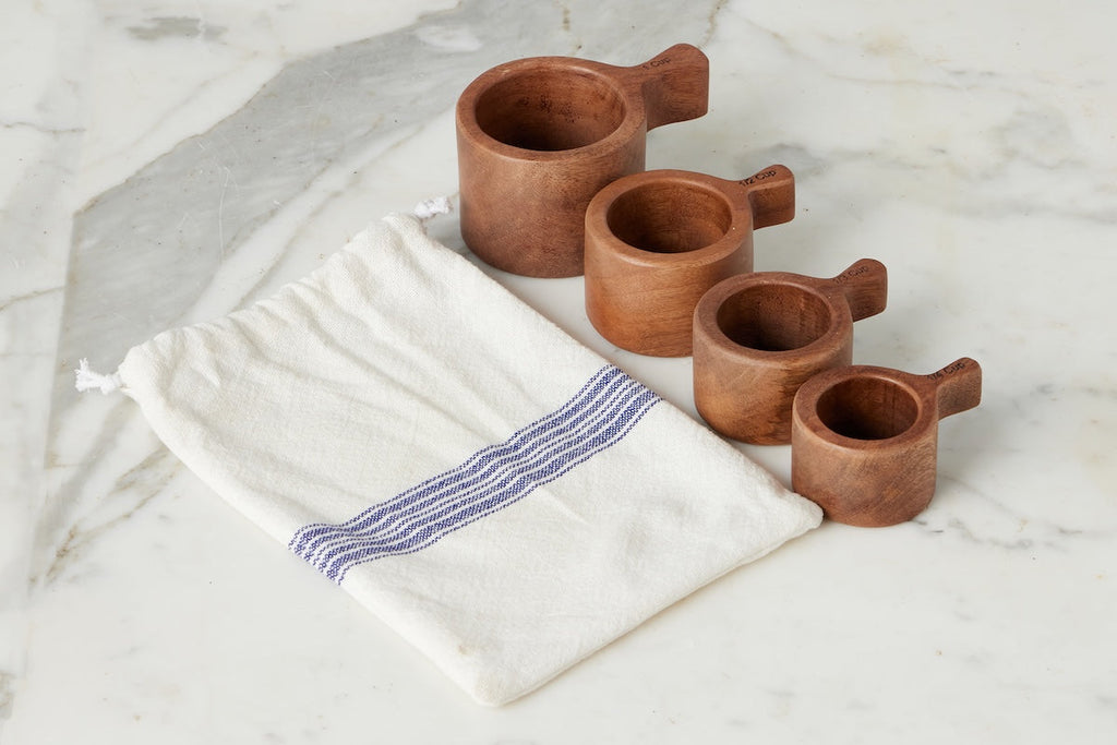 French Bistro Wood Measuring Cups Vintage Navy Blue Stripe Bag Set 4