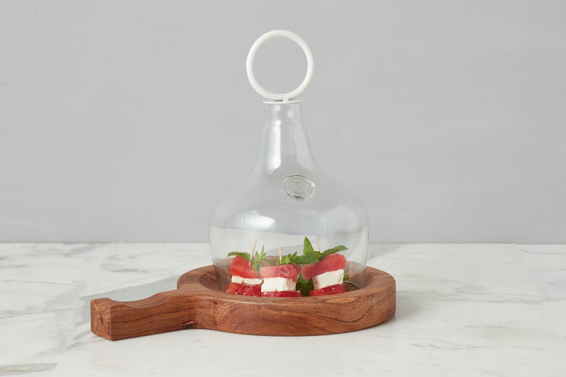 Glass Cloche Food Cover, White Ring Handle, Small
