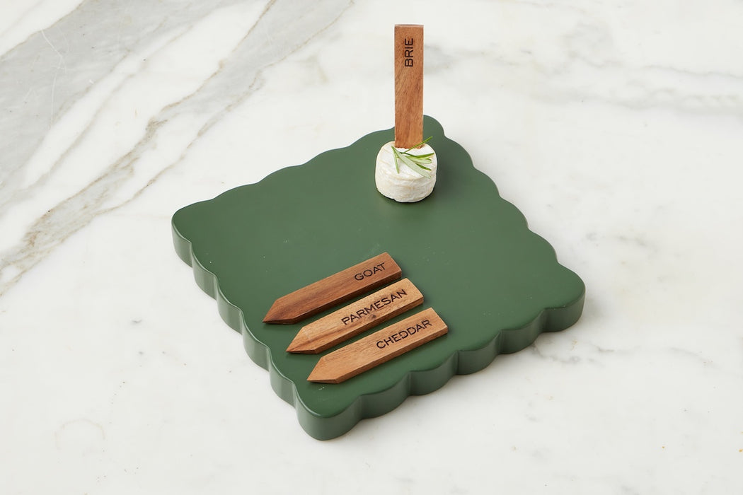 Square Scalloped Cheese Board with Cheese Markers, Small, Spruce Green