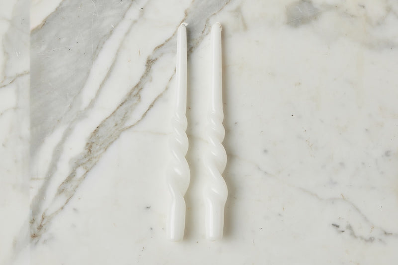 Lacquered Tall Twisted Taper Candles, White, Set of 2
