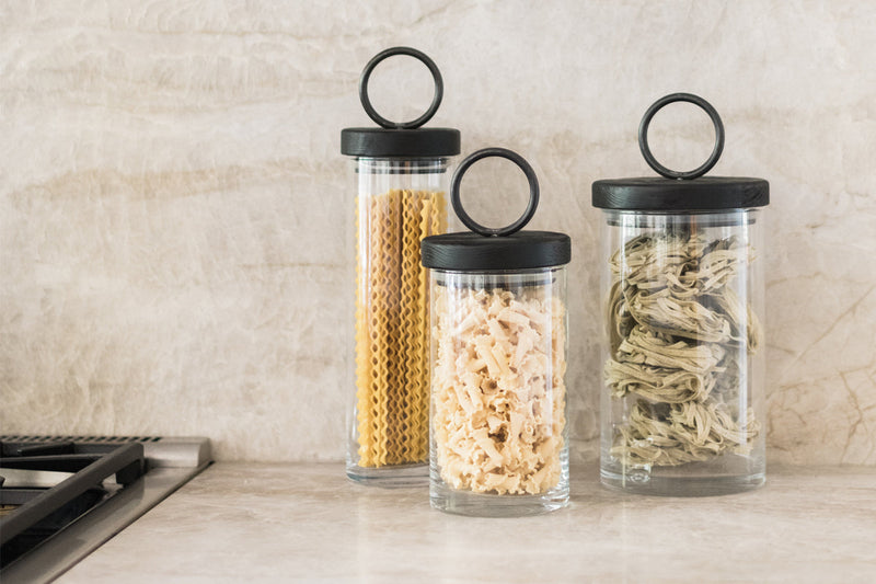 Glass Canister, Black Ring Handle, Set of 3