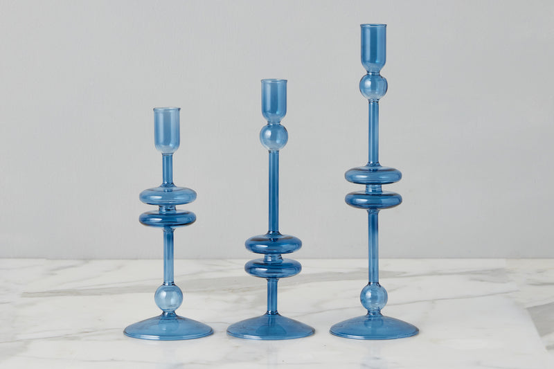 Sapphire Glass Candlestick Pair, Large