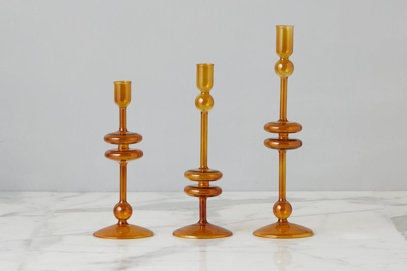 Amber Glass Candlestick Pair, Large