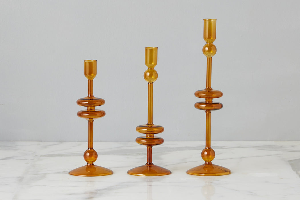 Amber Glass Candlestick Pair, Large