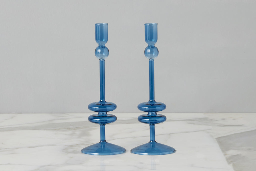 Sapphire Glass Candlestick Pair Medium