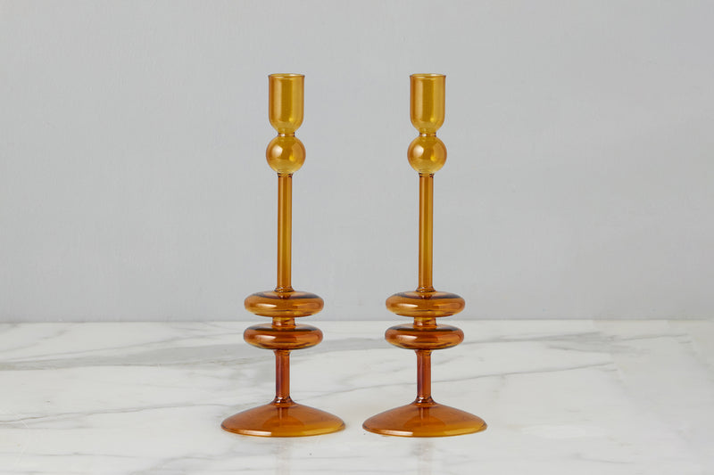 Amber Glass Candlestick Pair, Medium