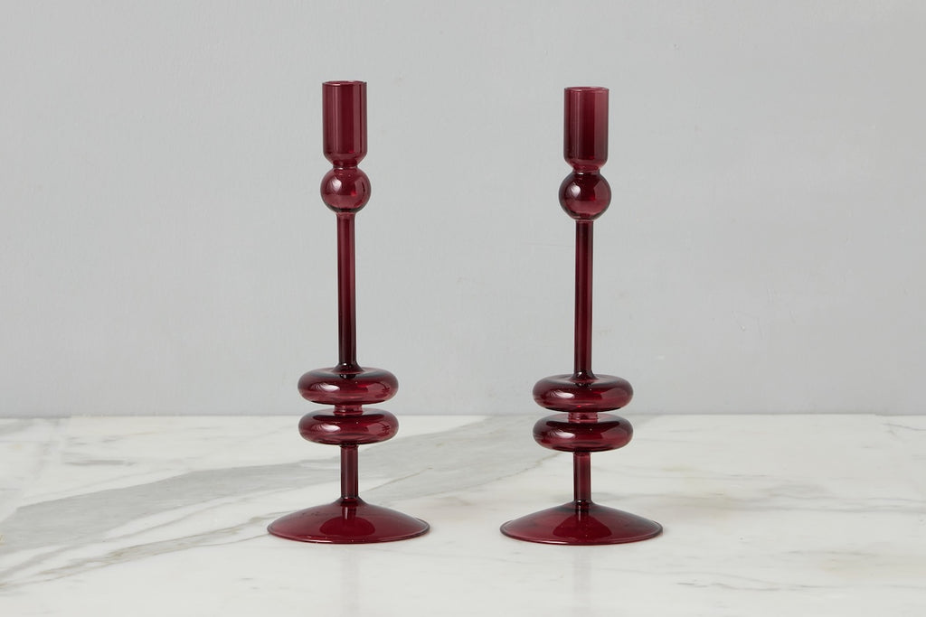 Glass Candlestick Pair Medium Merlot
