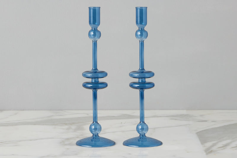 Sapphire Glass Candlestick Pair, Large