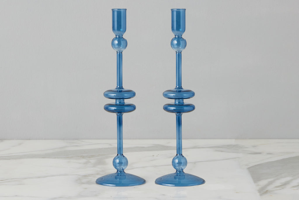 Sapphire Glass Candlestick Pair Large