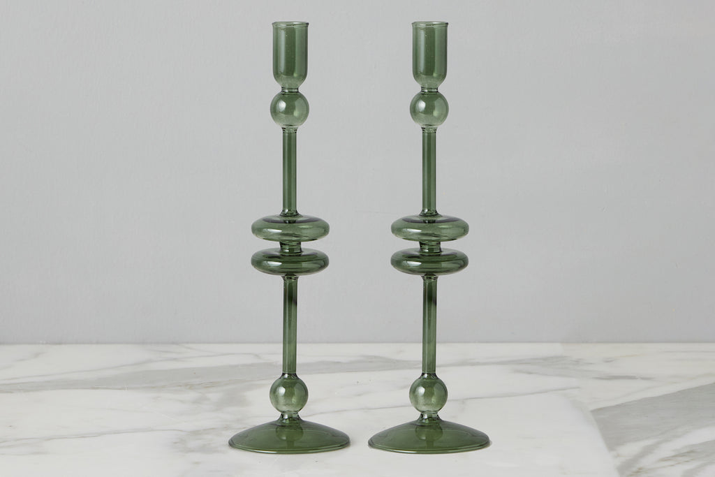 Emerald Glass Candlestick Pair Large