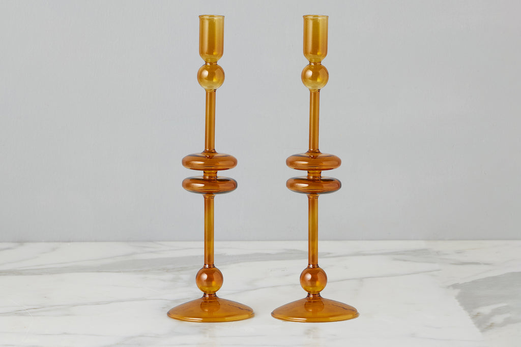 Amber Glass Candlestick Pair Large