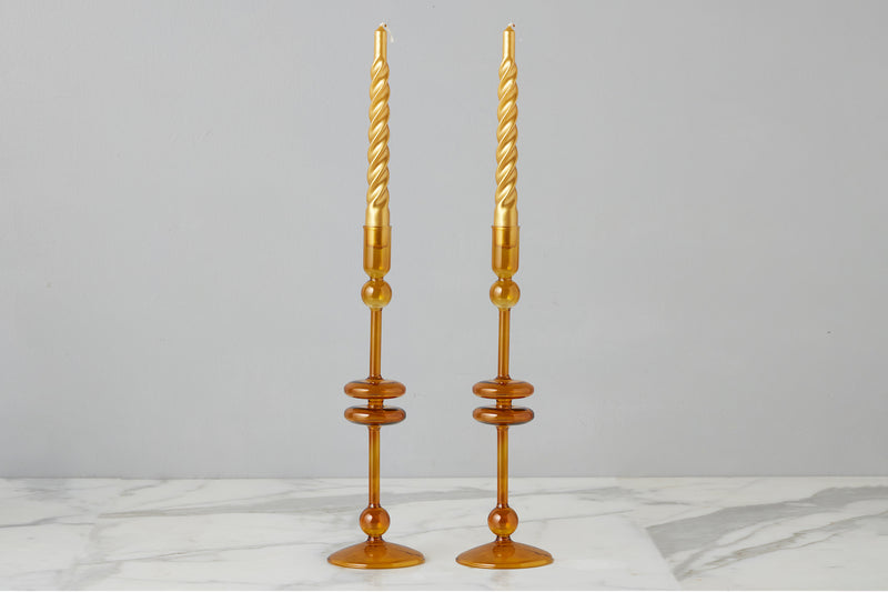 Amber Glass Candlestick Pair, Large