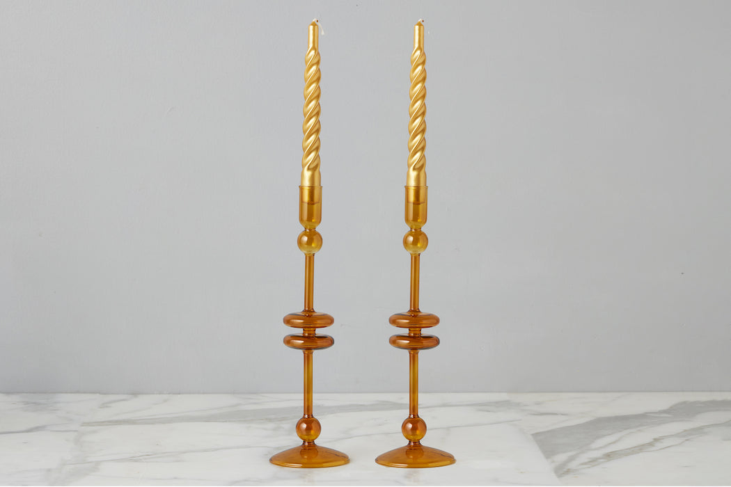 Amber Glass Candlestick Pair, Large