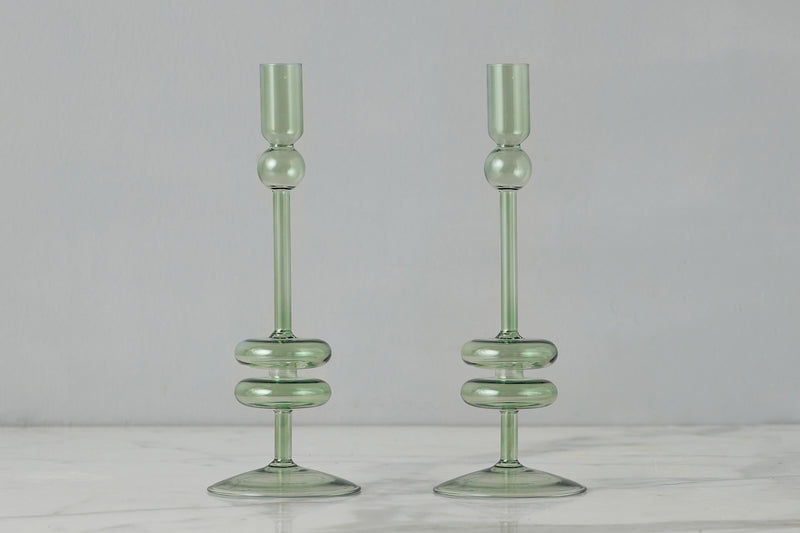 Sage Glass Candlestick Pair, Medium