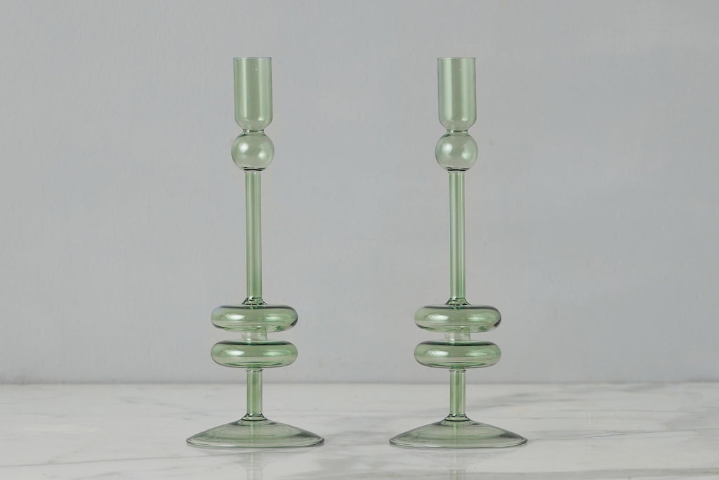 Sage Glass Candlestick Pair Medium