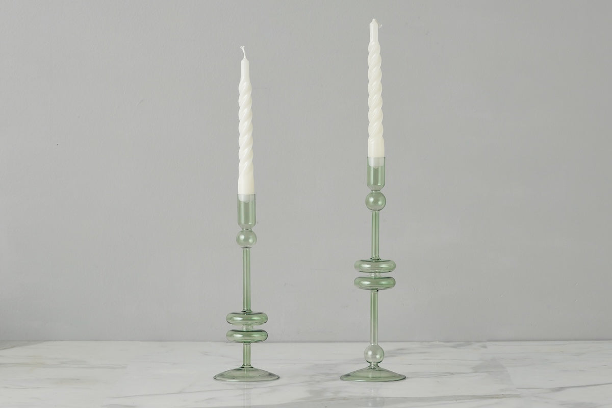Sage Glass Candlestick Pair