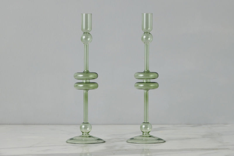 Sage Glass Candlestick Pair, Large