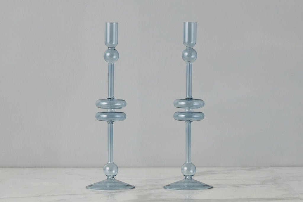 Denim Glass Candlestick Pair Large