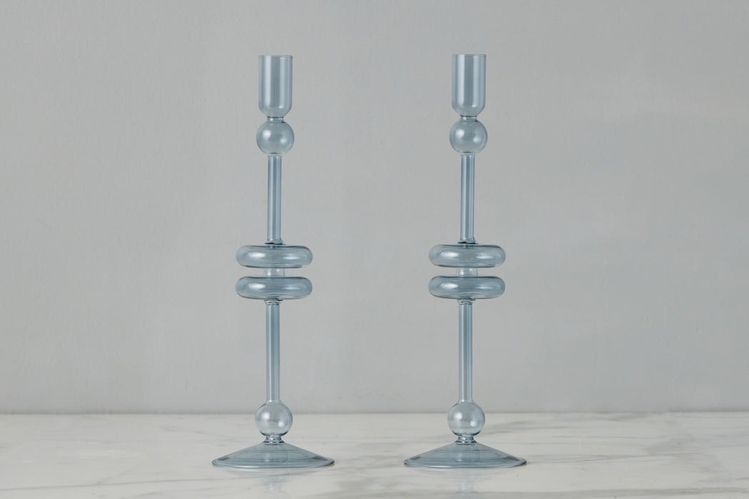 Denim Glass Candlestick Pair, Large