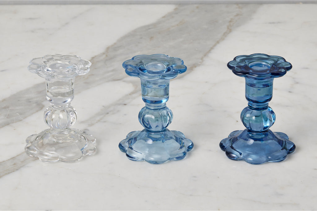 Glass Scalloped Candlesticks Blue Set 3