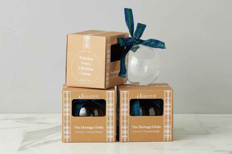 5-inch Glass Globe Ornament, Clear Plaid