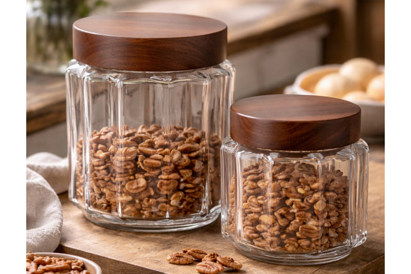 Fluted Glass Canister, Wood Lid, Large