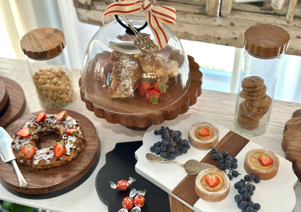 Glass Canister, Scalloped Wood Top, Set of 3