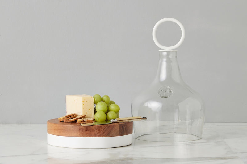 Glass Cloche Food Cover, White Ring Handle, Small