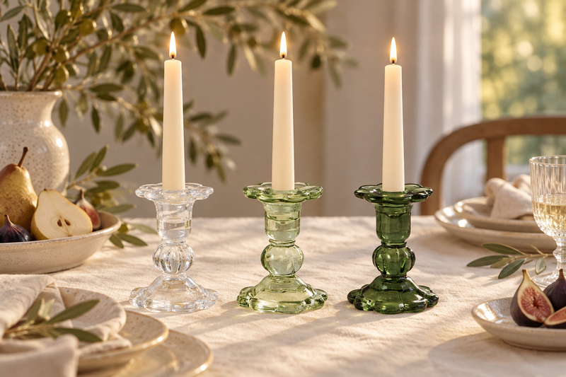 Glass Scalloped Candlesticks, Green, Set of 3