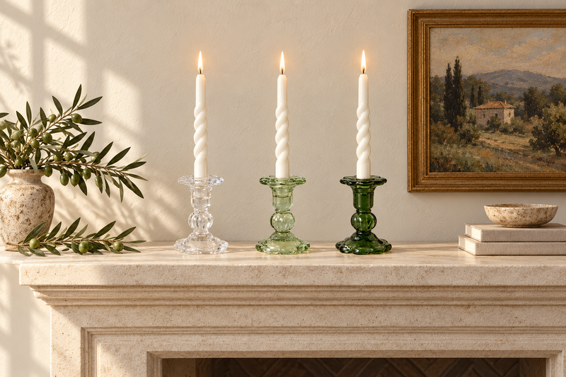 Glass Scalloped Candlesticks, Green, Set of 3